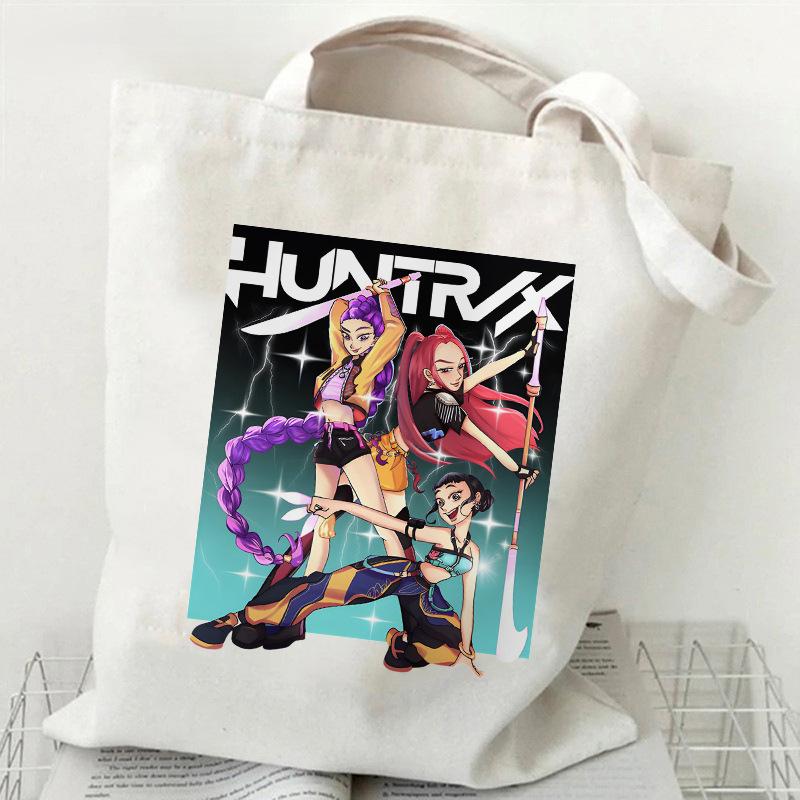 Сумка холщовая с мультяшным принтом группы KPOP Demon Hunter, женская повседневная сумка-тоут, сумка для покупок