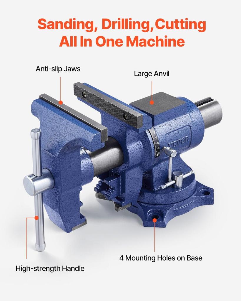 6-1/2" Multi-Purpose Bench Vise Heavy Duty Ductile Iron 360° Swivel Base
