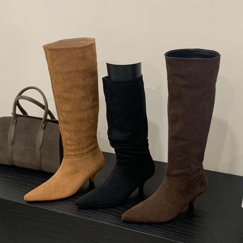 Eilyken Зимние женские сапоги до колена с острым носком, модные туфли на тонком низком каблуке, дизайнерские плиссированные ботильоны