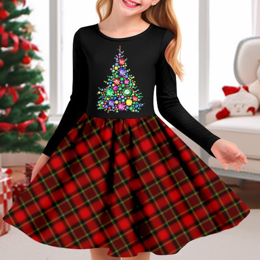 Spring Girl Casual 3D Red Diamond Snowman Print Round Neck Long Sleeve Dress Kid Princess Dress for Christmas
