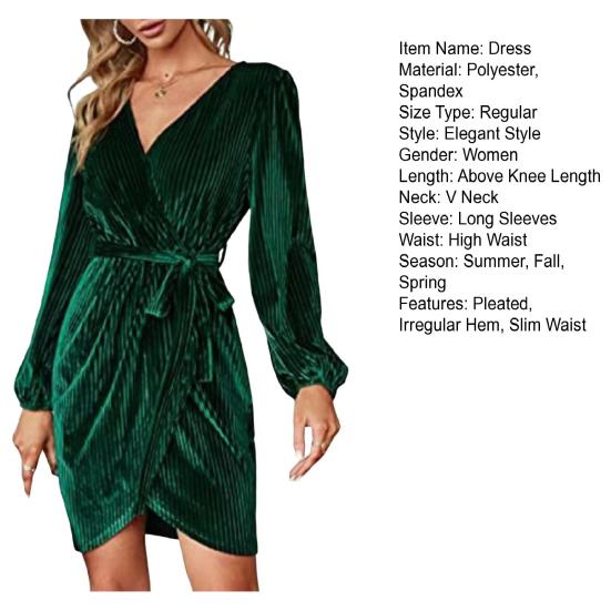 Женское платье для свиданий с V-образным вырезом и завязывающимся поясом, тонкая талия, длинные рукава, бархатная ткань, неровный подол, вечернее платье, однотонное мини-платье для выпускного вечера