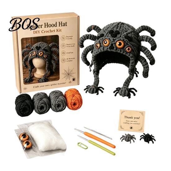 Parent Child Art Project Highland Cow Hat Crochet Kit, Halloween Pumpkin Spider Hood DIY Kit Handmade Craft for Adults Teens Theme