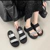 Stepping On Shit Feels Thick-bottomed Slope Heel Rhinestone Outer Slippers Women's Summer New Versatile Square Head Open-toed Sandals