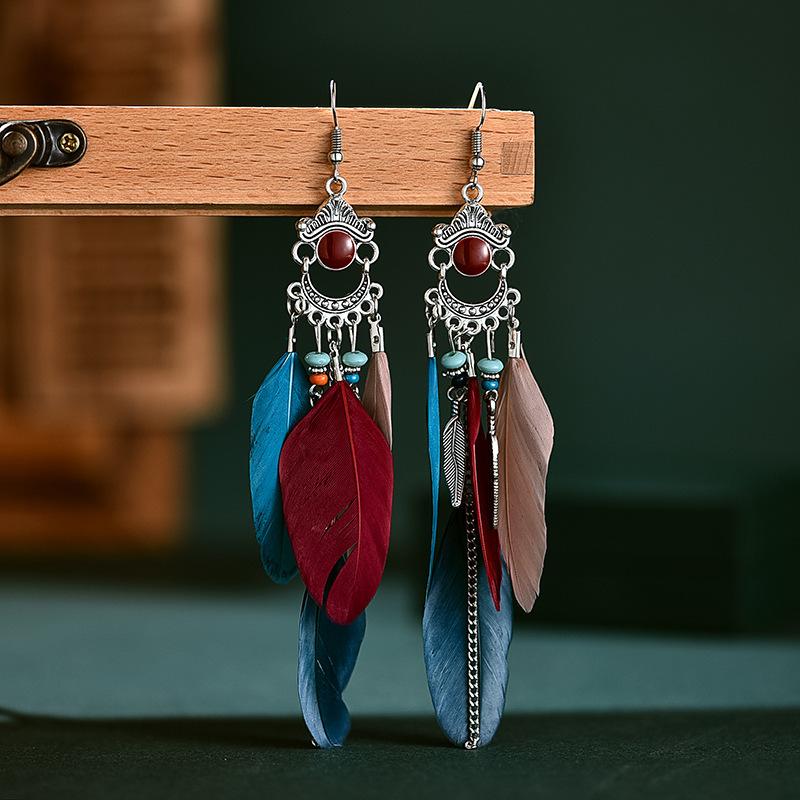 Vintage Long Feather Earrings Bohemian Personality Pattern Earrings Vacation Travel Earrings