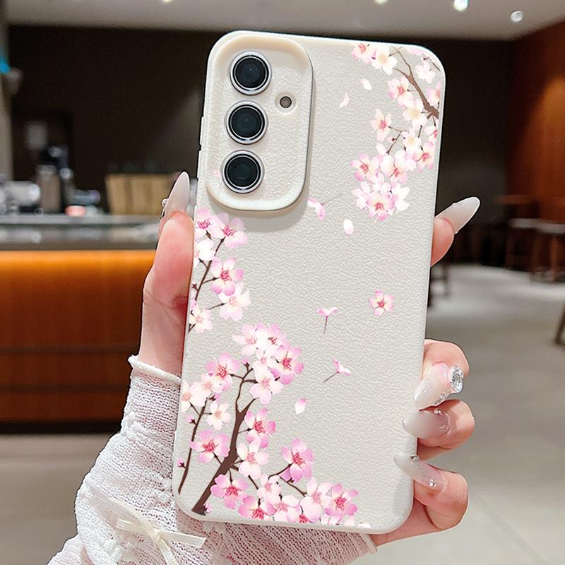 Розовые Цветы Персика Цветочный Чехол Для Samsung S26 S25 S24 Ultra S23 S22 S21 FE A15 A16 A17 A26 A35 A36 A37 A54 A55 A56 A57 5G Чехол с Текстурой Кожи