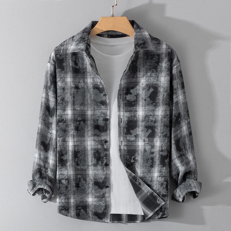 New Men's Fabric Tie-dyed Personality Fashion Trend Neutral Long-sleeved Plaid Shirt Jacket