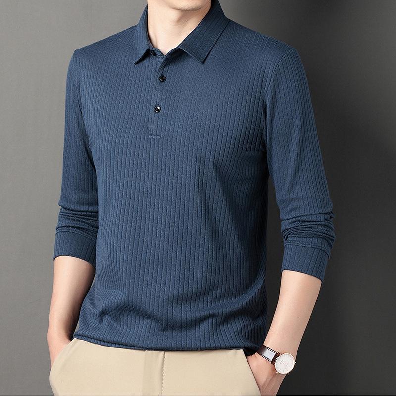 Men's Long Sleeved T-shirt Versatile Polo Shirt Solid Color Striped Business Collar Long Sleeved Breathable T-shirt
