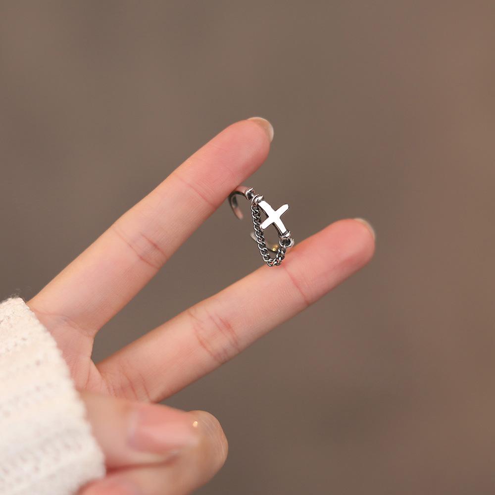 Retro Cross Chain Tassels For Women Zinc Alloy Color Punk Gothic Open Ring Handmade Designer Zircon Unisex Christian Accessories