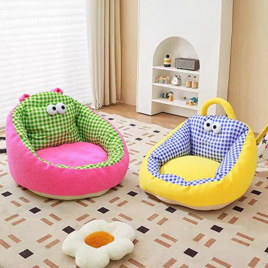 Pet Nest Bed Cartoon Style Striped Plaid Print Non-Slip Bottom Small-Medium Dogs Cats Nest Three-sided Embrace Pet Bed