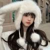 Windproof Cute Rabbit Ear Hat Fluffy Ear Protection Hat Winter Faux Fur Bucket Hat  Women