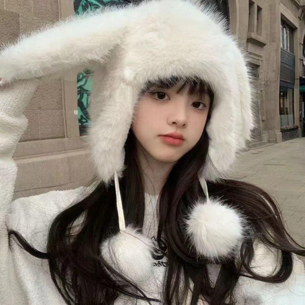 Korean Faux Fur Bucket Hat Fluffy Ear Protection Hat Winter Cute Rabbit Ear Hat Women
