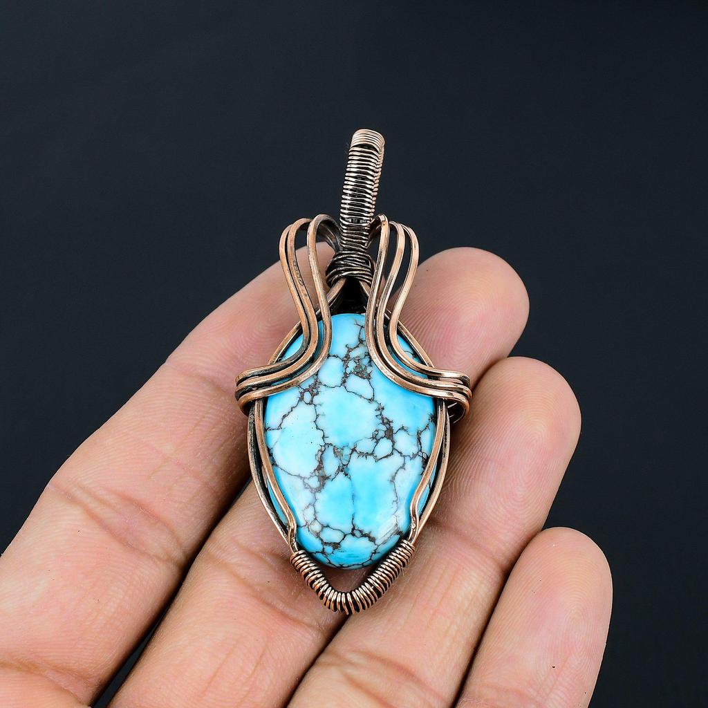 Тибетский бирюзовый драгоценный камень ручной работы из чистой медной проволоки, ювелирное изделие, кулон для женщин