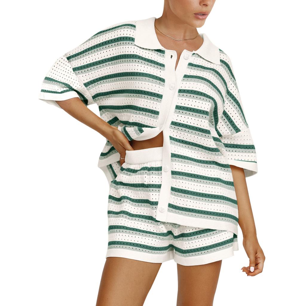 Трикотажные женские шорты из двух частей, комплекты домашней одежды, комплекты в полоску, контрастные цветные пуговицы, вязаные крючком топы и шорты, подходящие комплекты