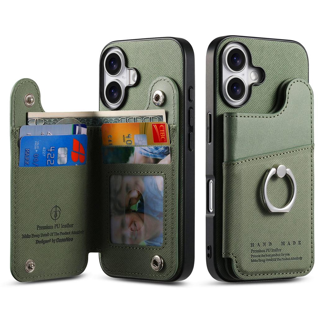 For iPhone 16 Case with Card Holder Kickstand Leather+TPU+PC Phone Cover