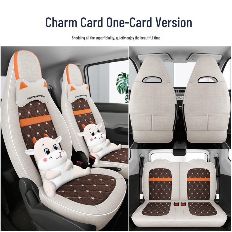 Cartoon Linen Seat Cover for Wuling Hongguang MiniEV Macaron – Full Wrap Interior Cushion