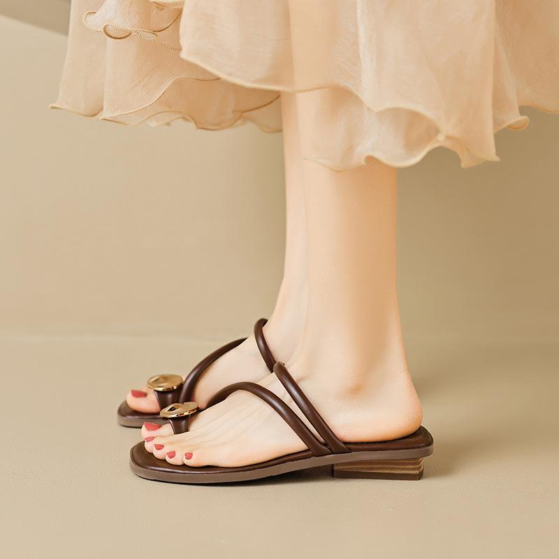 Toe cool slippers women's summer wear one word with flat bottom slippers large size women's shoes