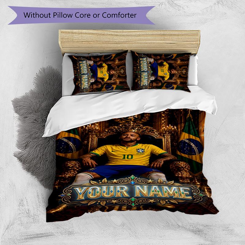 3pcs Brazilian football player Cover Set - Personalized Name, HD Printed Bedding with 1 Cover and 2 Pillowcases - Perfect for Home Decor, Easy Care