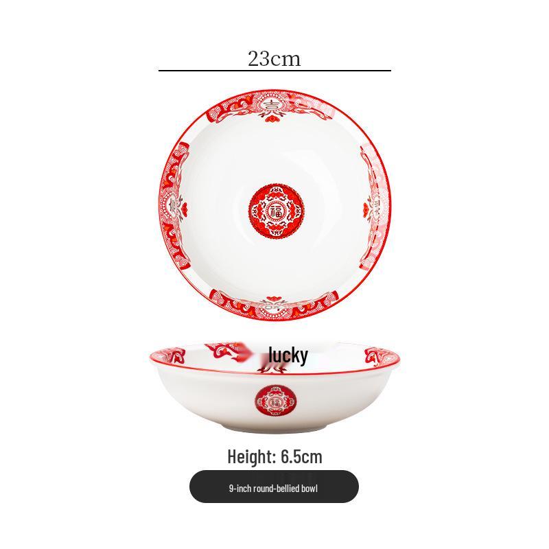 Retro Ceramic Soup & Noodle Bowl Set: Stir-fried Pork Bowl, Good Luck Stir-fry Plate, Snack Plate, Kitchen Utensils