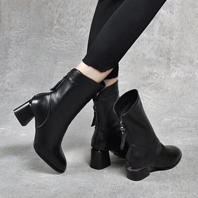 Кожаные сапоги женские осенне-зимние с круглым носком, средней длины голенища, на толстом каблуке, с задней молнией, модные сапоги, женские сапоги из коровьей кожи верхнего слоя