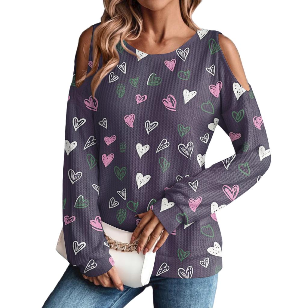 Women's Winter Oversized T-Shirt Fashionable Off-the-Shoulder Round Neck Vintage Floral Print Pullover Long-Sleeved Top