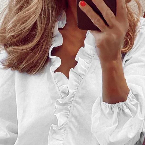 Женская свободная блузка с рюшами и V-образным вырезом с длинным рукавом и повседневным фонариком