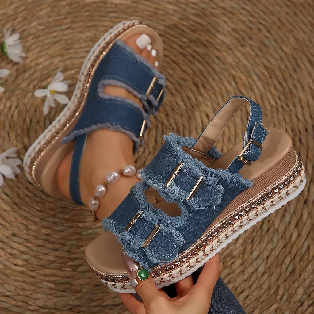 Fashion Women Wedge Sandals Summer Beach Slippers Double Buckle Non-slip Clogs Slides Women Flip Flop Platform Sandals Denim Female