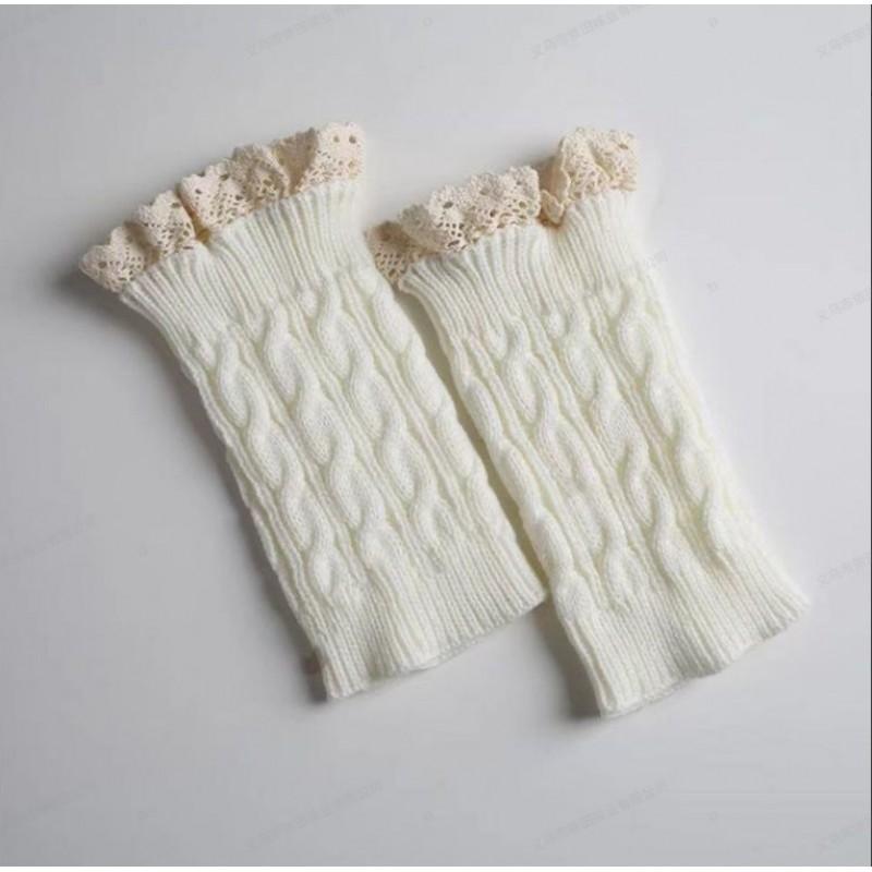 Womens Knitted Leg Warmers With Lace Trim Warm Boot Socks Winter High Calf Cover In Acrylic One Size