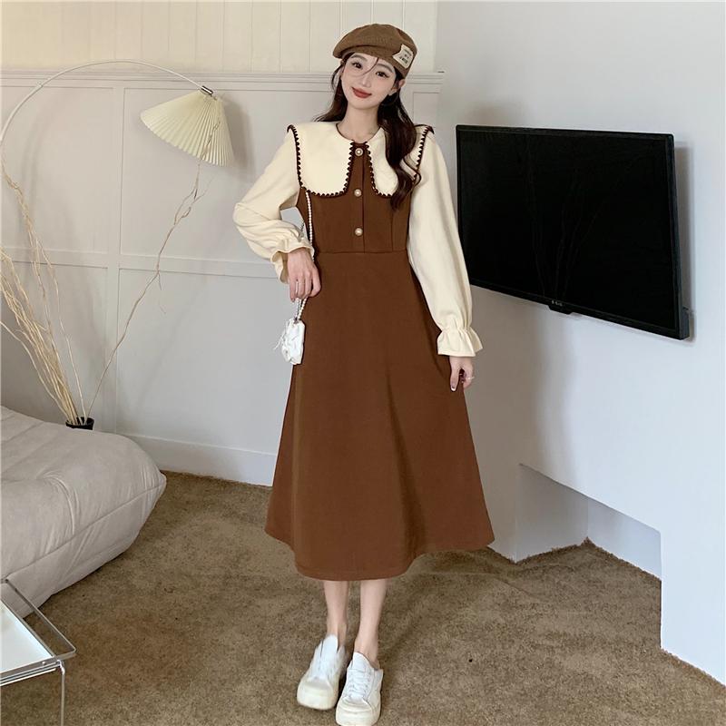 Осень-зима утолщенный вельветовый трапециевидный силуэт Платье для женщин повседневное свободное с длинным рукавом Женские платья с воротником Питер Пэн До середины икры vestidos