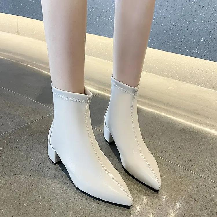 2024 Новые корейские однотонные остроносые короткие ботинки на толстом каблуке с задней молнией для высоких и стройных, короткие ботинки средней высоты каблука для женщин