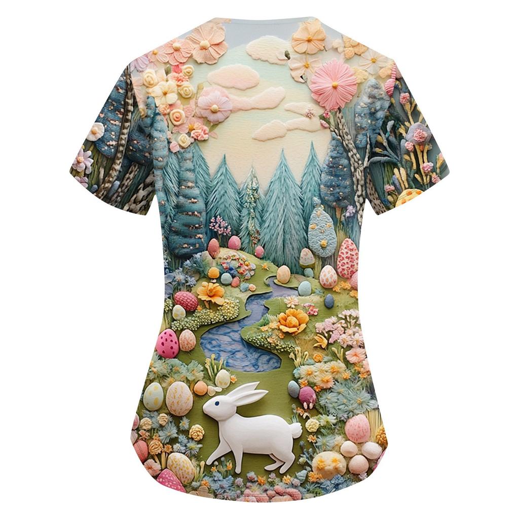 Женская мода с v-образным вырезом, короткими рукавами и карманами, топы с принтом