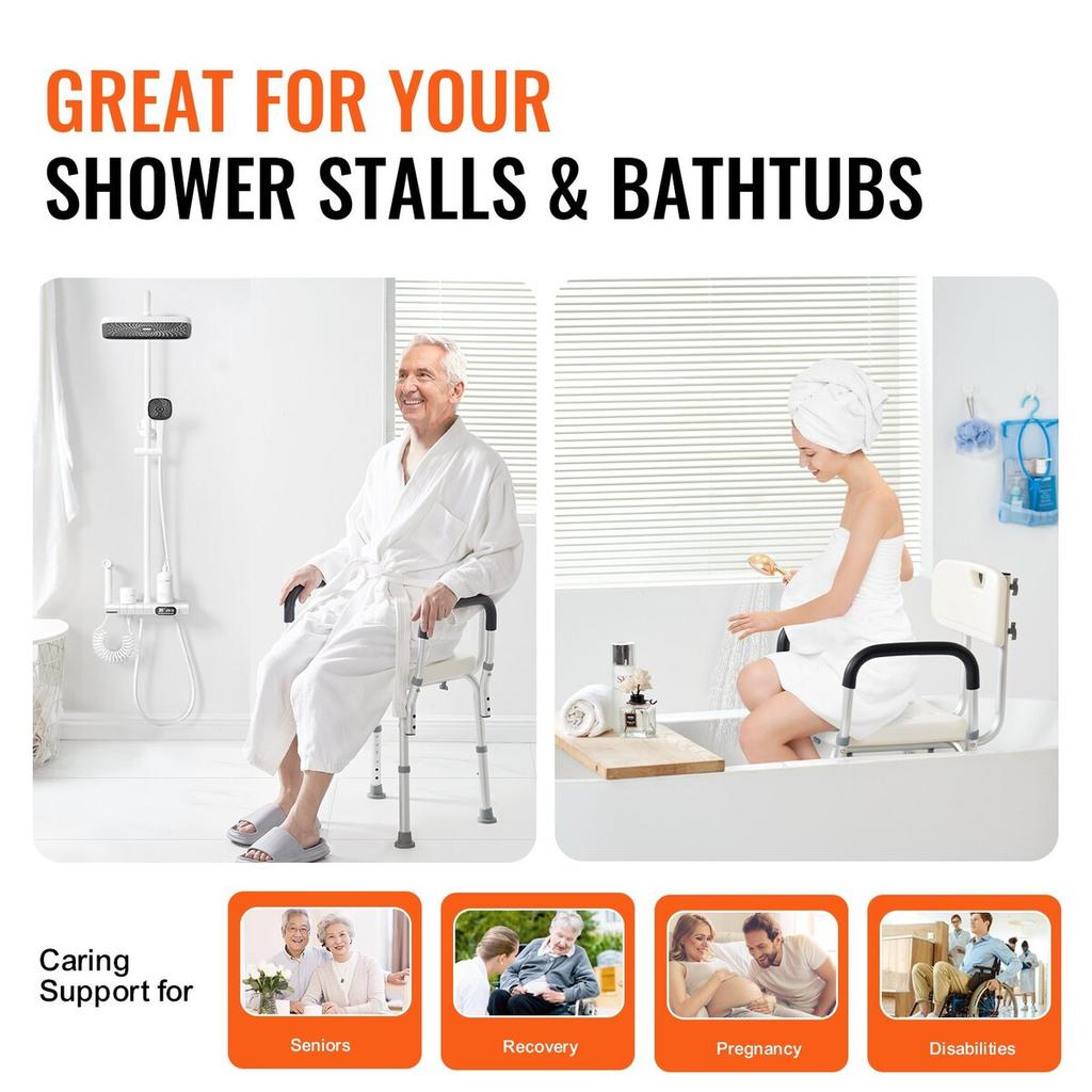 Shower Chair, Shower Seat with Back, Adjustable Height Shower Stool, Shower Chair for Inside Shower Bathtub, Non-slip Bathroom Bench Bath Chair for