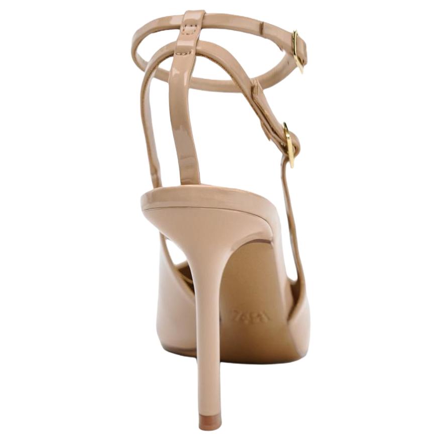 Zara Elegant Patent Leather Effect Open-Back Stiletto Heels 10.5cm Women Heels Beige 2233510