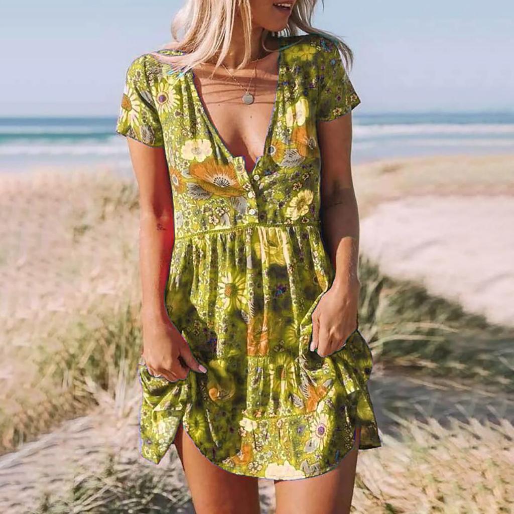 Women's Fashion Loose V-Neck Short Buttons Printing Casual Dress