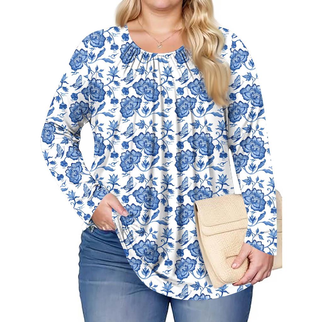 Women's Plus Size Fashion Printed Casual Pleated Round Neck Long Sleeve Top