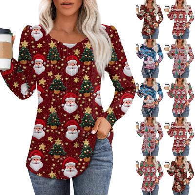 Женская мода повседневная плиссированная круглая горловина с рождественским принтом длинный рукав топ