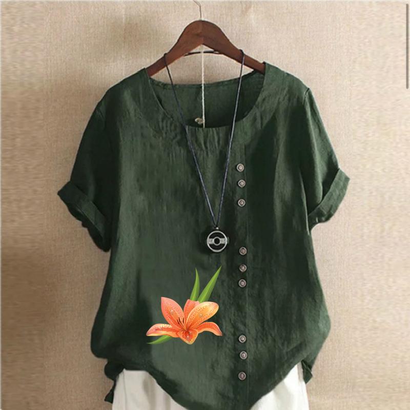 Women's Fashion Round Neck Short Sleeve T-shirt Casual Cotton Linen Graphic Shirt Flower Prined Summer Blouse Tops Plus Size