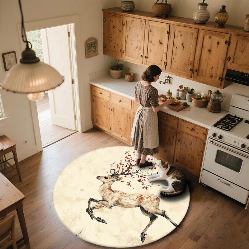 Бегущий олень, Круглый ковер, Ковер для гостиной, спальни, дивана, игровой комнаты, Декор, Нескользящий коврик для пола