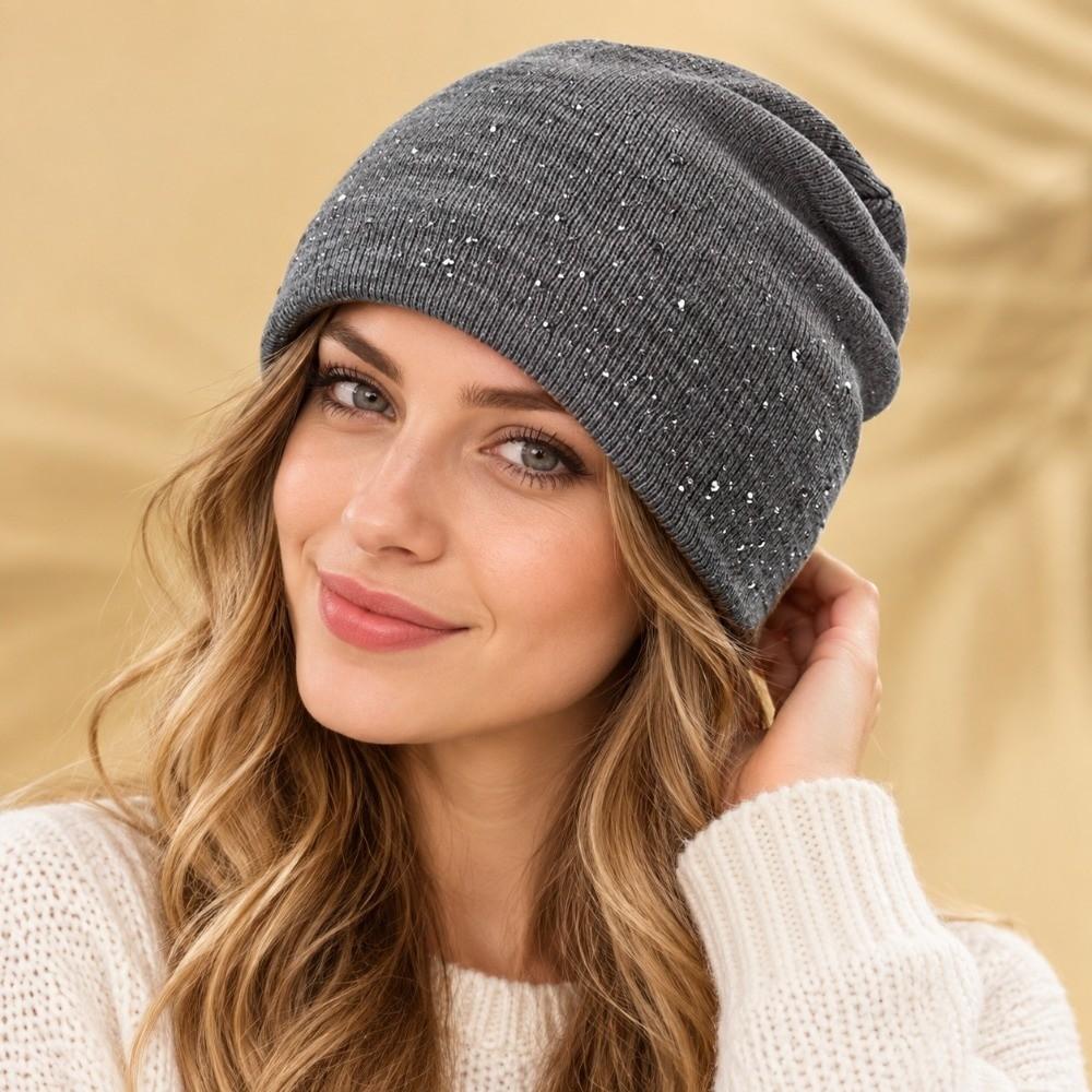 Warmth Pullover Beanie Shiny Rhinestone Decor Knitted Hat Winter Fall Hat Daily Winter Wear