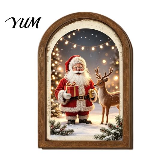 Glowing Christmas House Pictures Vintage Arched Wooden Wall Art, Double Layer Wood Framed Sign, Farmhouse Tree Decorations Xmas Print Hanging