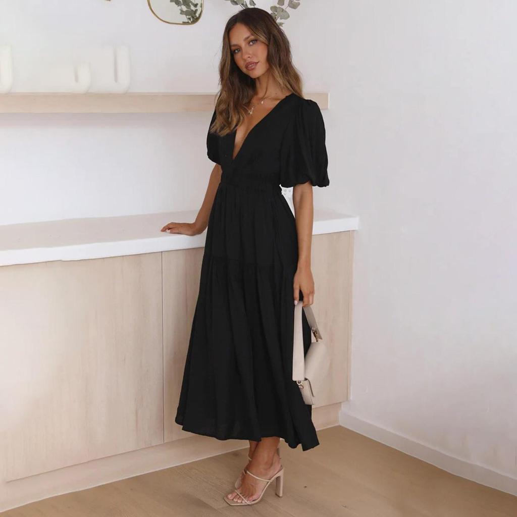 Women Spring Solid Color Short Puff Sleeve Dress Summer Casual V-Neck High Waist Ankle-Length Dresses S-XL