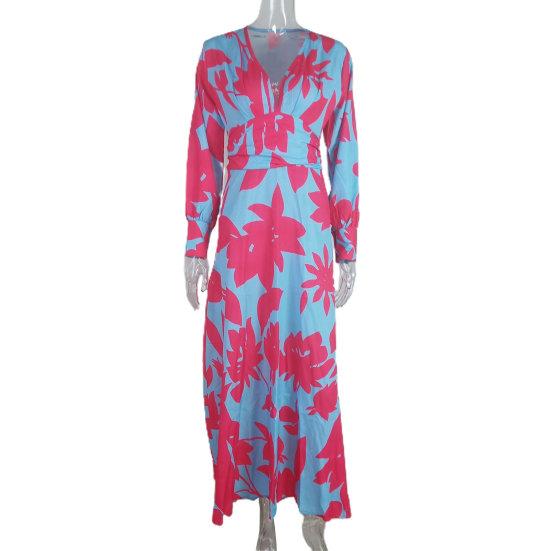 Ladies Dress Long Lantern Sleeve Deep V Neck High Waist Contrast Color Flower Print Big Hem Prom Banquet Cocktail Maxi Dress