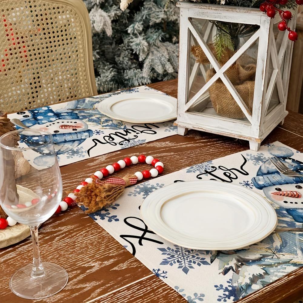 4pcs Christmas Hello Winter Snowman Blue Placemats for Holiday Indoor Outdoor Table Decoration, 12x18 Inch