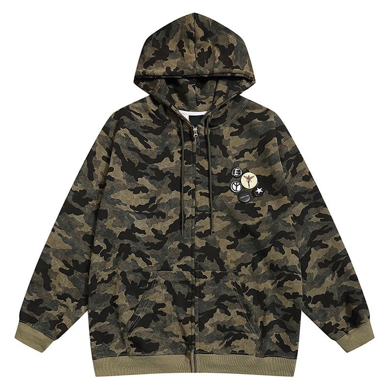 51 Hip Hop American Retro Functional Camouflage Cardigan Outwear Men's Trendy Fun Medal Decoration Loose Hooded Sweatshirt