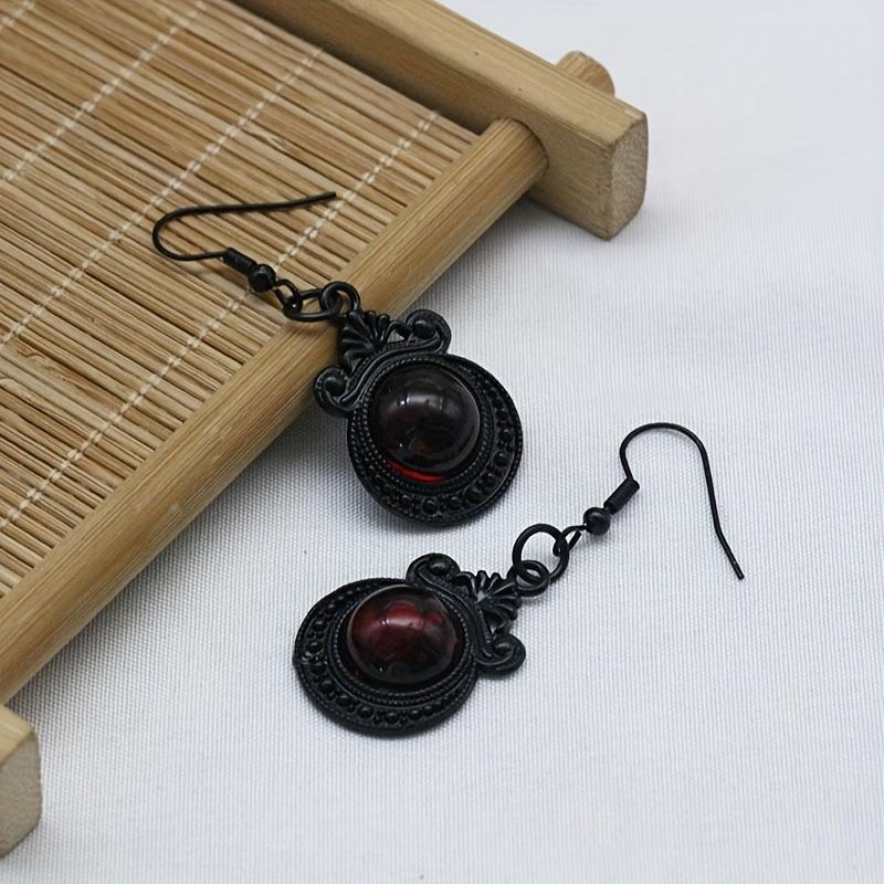 Round Ruby Decor Black Dangle Earrings Retro Goth Style Alloy Jewelry Creative Female Gift Daily Casual