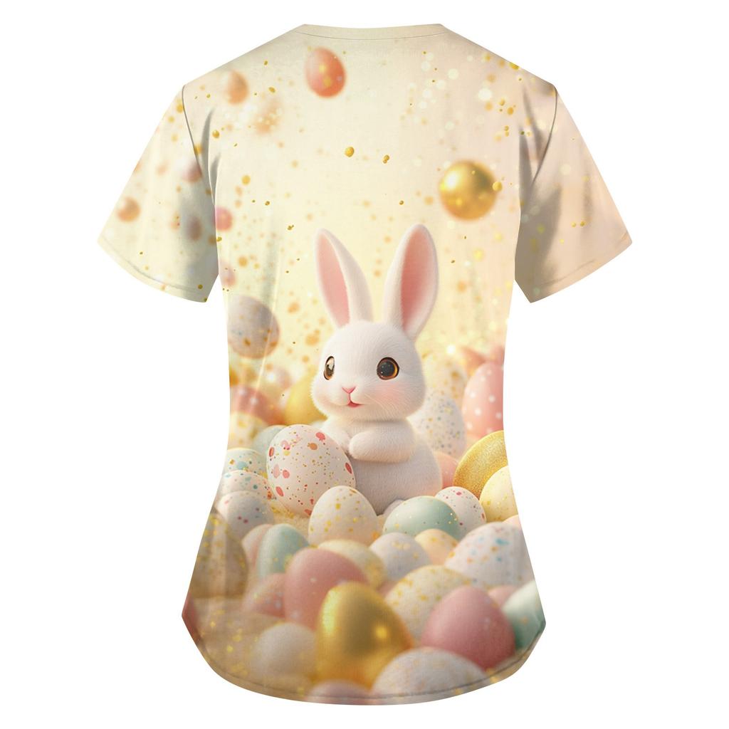 Женская мода V-образный вырез короткий рукав комбинезон с карманами пасхальный принт топы одежда