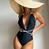 Женский купальник, черный, глубокий V-образный вырез, сексуальный купальник с высокой талией и завязкой на спине, цельный купальник-бикини