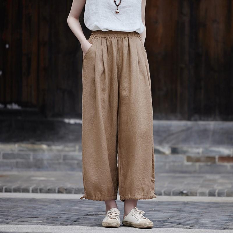 Johnature Женские прямые брюки из хлопка и льна, однотонные осенние брюки с эластичной резинкой на талии и карманами, винтажные брюки до щиколотки