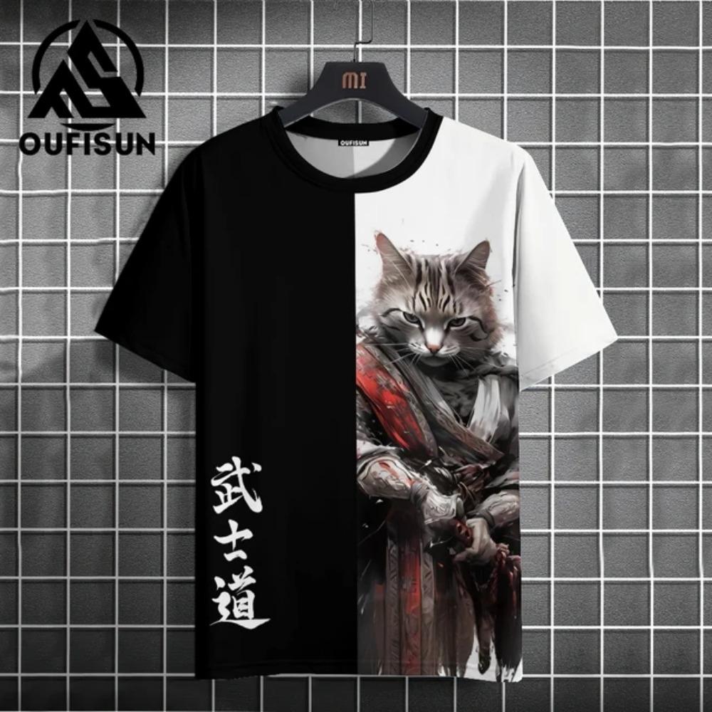 Japanese Anime Samurai Cat T-Shirt For Men 3d Animal Print Short Sleeve Tops Tees Casual T-Shirt Oversized Shirt  Men Clothing