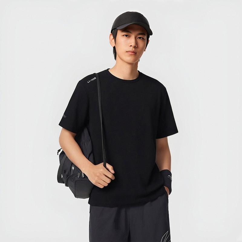 Li-Ning Универсальная однотонная мужская футболка-пуловер с круглым вырезом и коротким рукавом, черная ATSW623-1