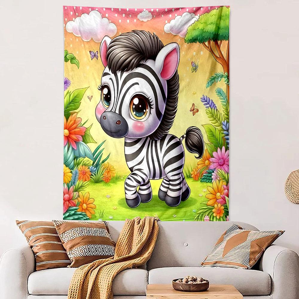 Cute Cartoon Zebra in Colorful Floral Field Patterned Tapestry Decorative Wall Hanging, Home Bedroom Living Room Decor